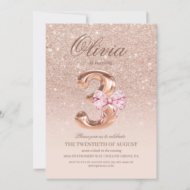 3rd Birthday Rose Pink Gold  Bow Birthday Party  Invitation (Front)