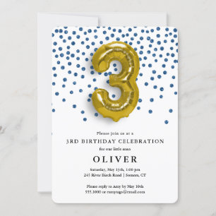 3rd Birthday Royal Blue Confetti and Gold Balloon Invitation