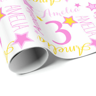 3rd birthday star custom name yellow pink white wrapping paper