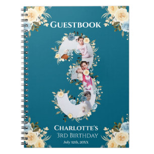 3rd Birthday Teal Photo Yellow Flower Guest Book