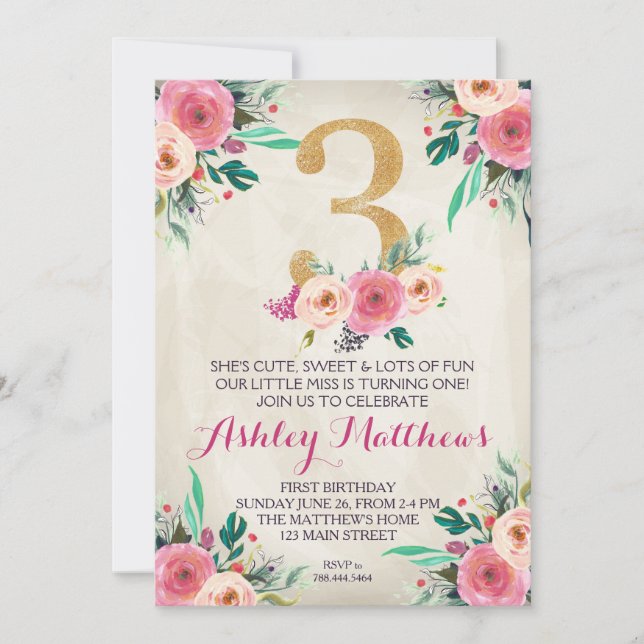 3rd birthday Third  Beautiful Floral Invitation, Invitation (Front)