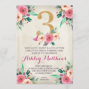 3rd birthday Third  Beautiful Floral Invitation, Invitation
