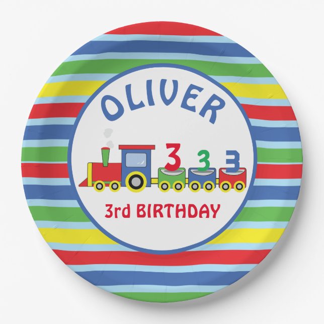 3rd Birthday Train Personalize Name Paper Plate (Front)