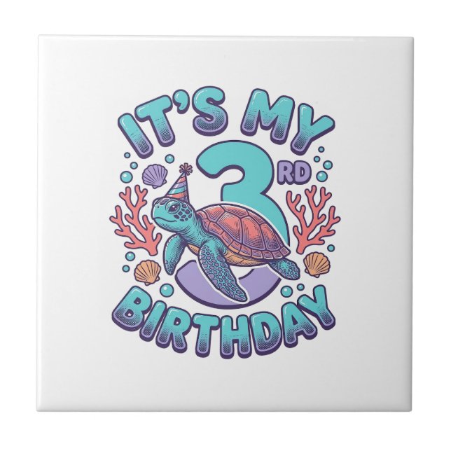 3rd Birthday Turtle Vintage Engraving Design_1 Tile (Front)