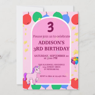 3rd Birthday unicorn Balloons Invitation