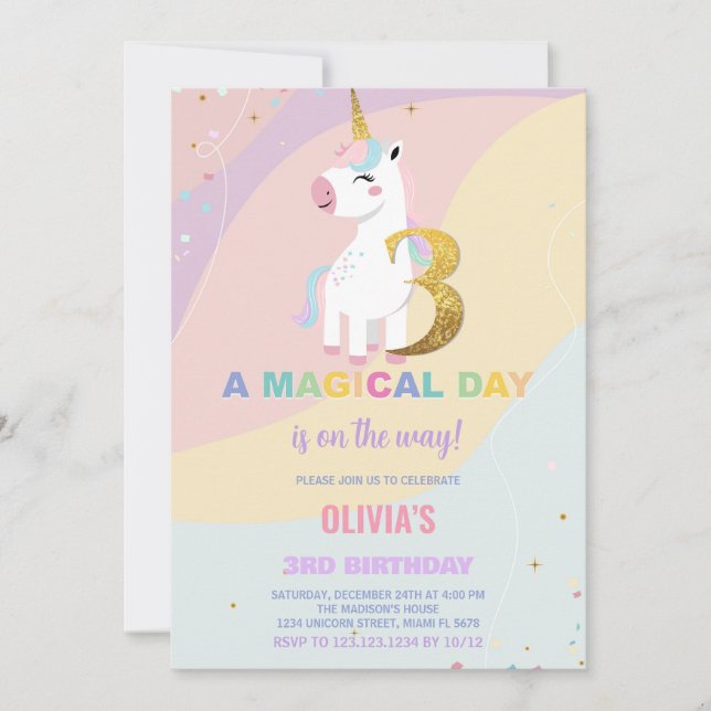 3rd Birthday Unicorn Birthday Invitations (Front)