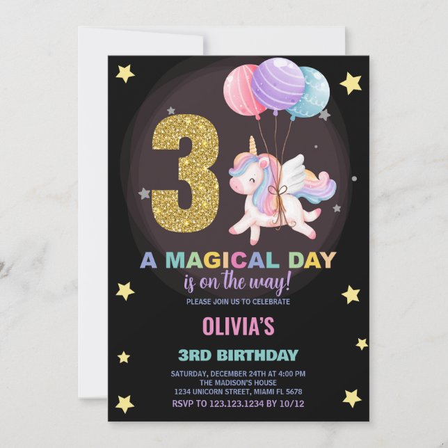 3rd Birthday Unicorn Birthday Invitations (Front)