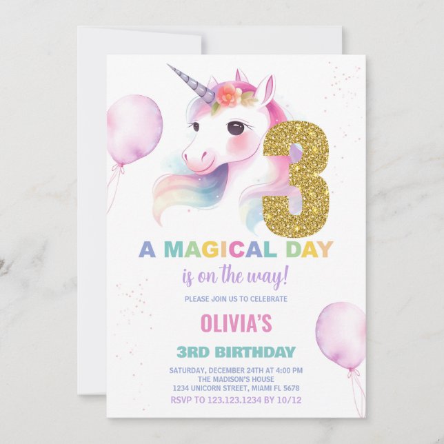3rd Birthday Unicorn Birthday Invitations (Front)