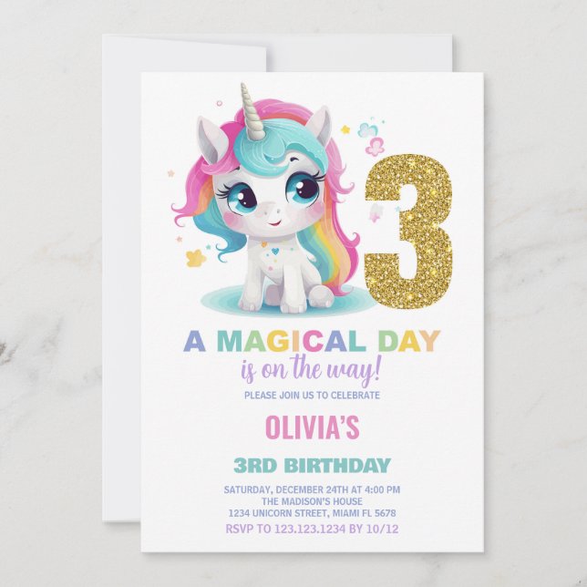 3rd Birthday Unicorn Birthday Invitations (Front)