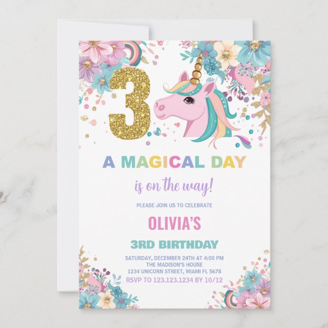 3rd Birthday Unicorn Birthday Invitations (Front)