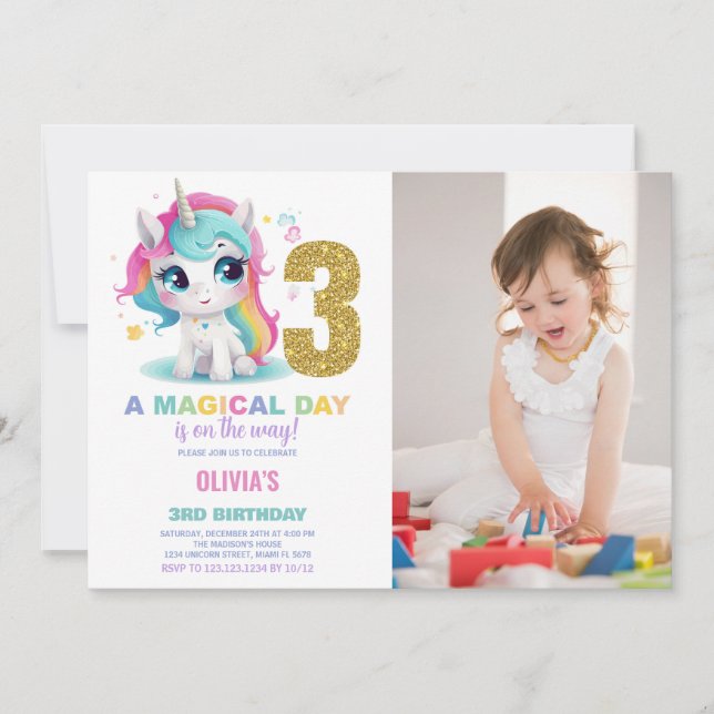 3rd Birthday Unicorn Birthday Invitations photo (Front)