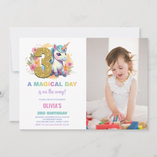 3rd Birthday Unicorn Birthday Invitations photo (Front)