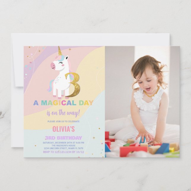 3rd Birthday Unicorn Birthday Invitations w photo (Front)