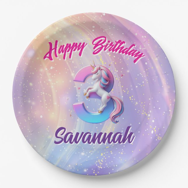 3rd Birthday Unicorn Pastel Ombre Whimsical Party  Paper Plate (Front)