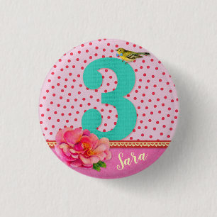 3rd birthday vintage bohemian flower 1 inch round button