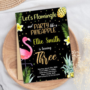 3rd Black Glitter Flamingo Pineapple Invitations