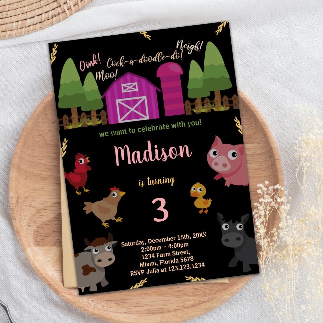 3rd Black Red Farm Animals Birthday Invitations (3rd Black Red Farm Animals Birthday Invitations)