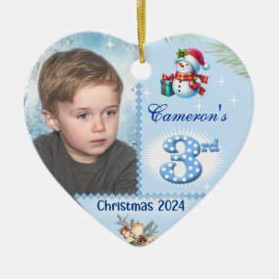 3rd Christmas Personalized Boy's Photo Heart Gift Ceramic Ornament