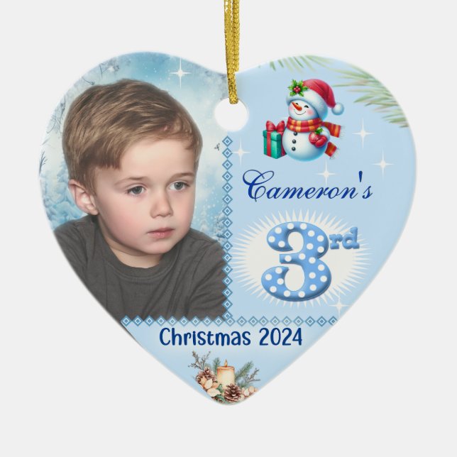 3rd Christmas Personalized Boy's Photo Heart Gift Ceramic Ornament (Front)