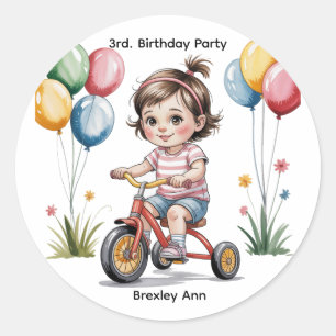 3rd. Girl's Birthday on a Tricycle Party Classic Round Sticker