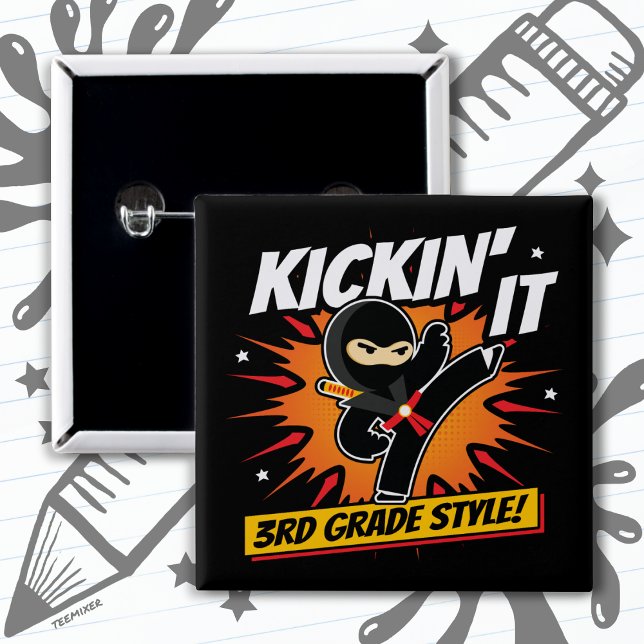 3rd Grade Ninja Kick First Day Back To School 2 Inch Square Button (Creator Uploaded)