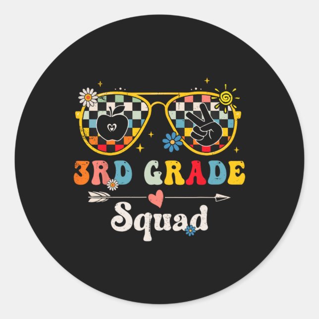 3rd Grade Squad Cute Groovy Teacher Student Back T Classic Round Sticker (Front)