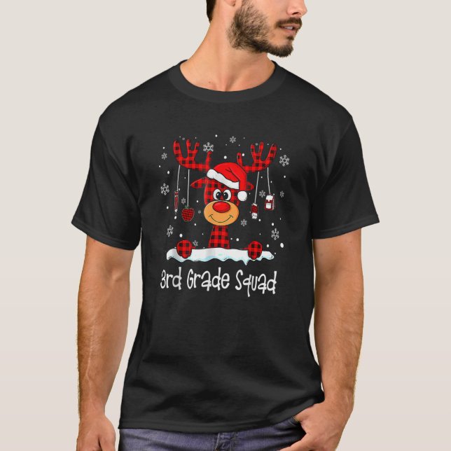 3rd Grade Squad Plaid Reindeer Santa Hat Teacher C T-Shirt (Front)