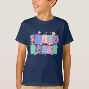 3rd Grade Teacher Student Chequered Flowers T-Shirt