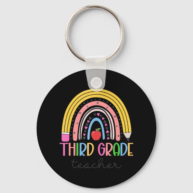 3rd Grade Teacher Teach Love Inspire Rainbow Back  Keychain (Front)