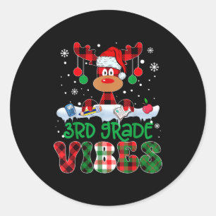 3rd Grade Vibes Teacher Buffalo Red Plaid Reindeer Classic Round Sticker