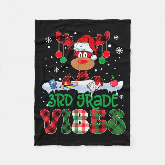 3rd Grade Vibes Teacher Buffalo Red Plaid Reindeer Fleece Blanket (Front)