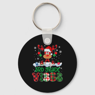 3rd Grade Vibes Teacher Buffalo Red Plaid Reindeer Keychain