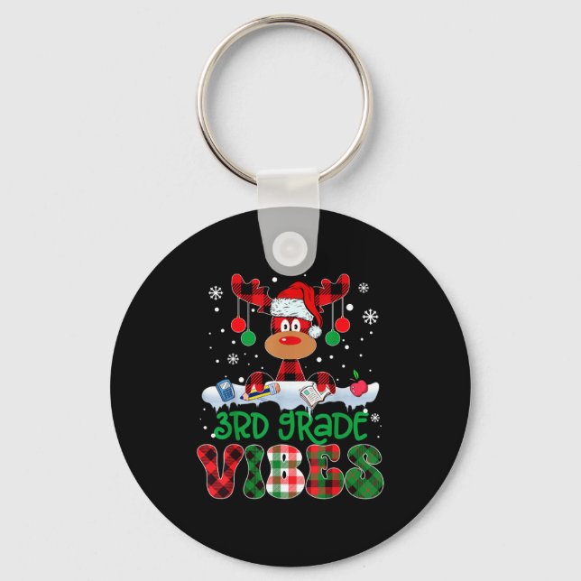 3rd Grade Vibes Teacher Buffalo Red Plaid Reindeer Keychain (Front)