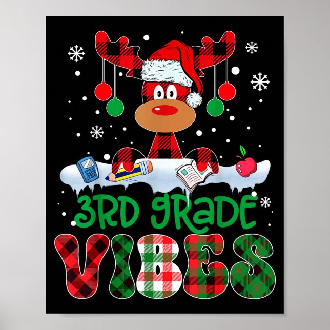 3rd Grade Vibes Teacher Buffalo Red Plaid Reindeer Poster (Front)