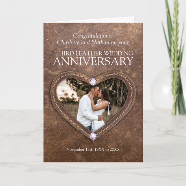 3rd leather crystals wedding anniversary photo card (Front)