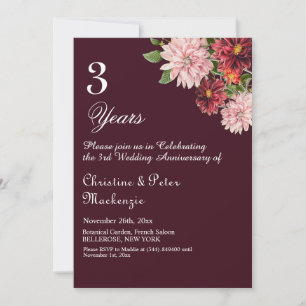 3rd Leather Wedding Anniversary Burgundy Floral Invitation