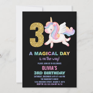 3rd Rainbow Unicorn Birthday Invitations Black