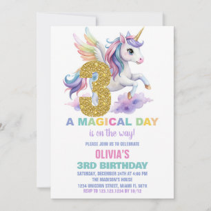 3rd Rainbow Unicorn Birthday Invitations Fly
