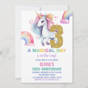 3rd Rainbow Unicorn Birthday Invitations Glitter