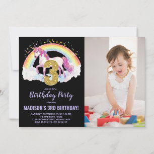 3rd Rainbow Unicorn Birthday Invitations photo