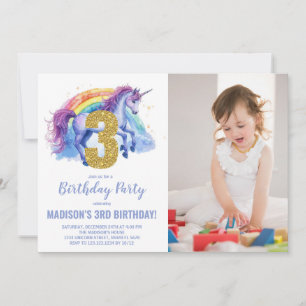 3rd Rainbow Unicorn Birthday Invitations photo