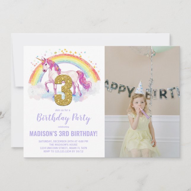 3rd Rainbow Unicorn Birthday Invitations photo (Front)