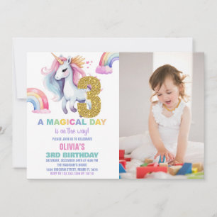 3rd Rainbow Unicorn Birthday Invitations w photo