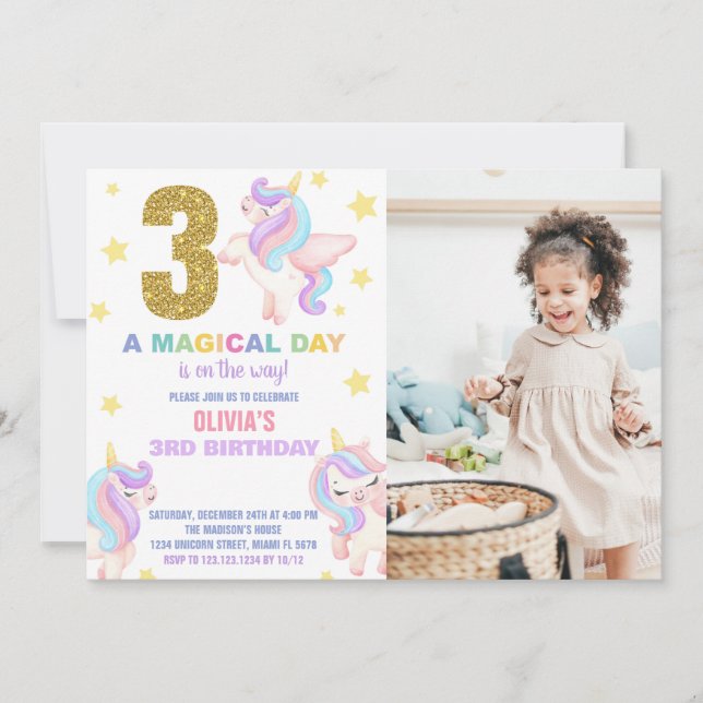 3rd Rainbow Unicorn Birthday Invitations w photo (Front)