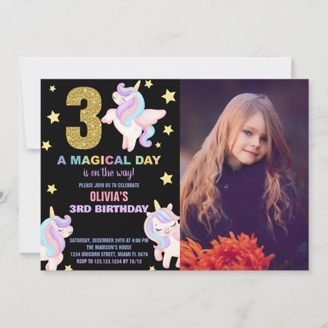 3rd Rainbow Unicorn Birthday Invitations w photo (Front)