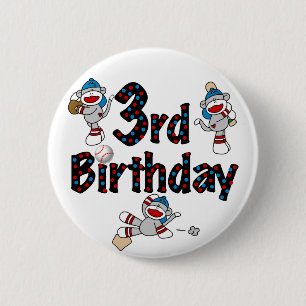 3rd Sock Monkey Baseball Birthday 2 Inch Round Button