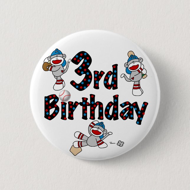 3rd Sock Monkey Baseball Birthday 2 Inch Round Button (Front)