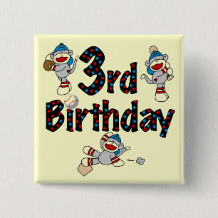 3rd Sock Monkey Baseball Birthday 2 Inch Square Button