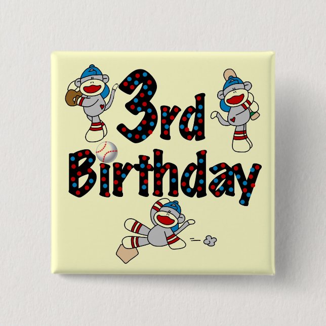 3rd Sock Monkey Baseball Birthday 2 Inch Square Button (Front)