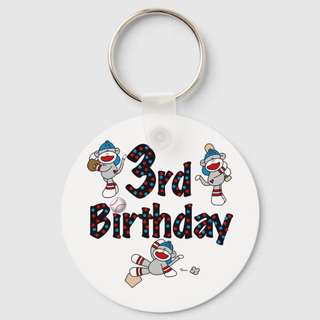 3rd Sock Monkey Baseball Birthday Keychain (Front)